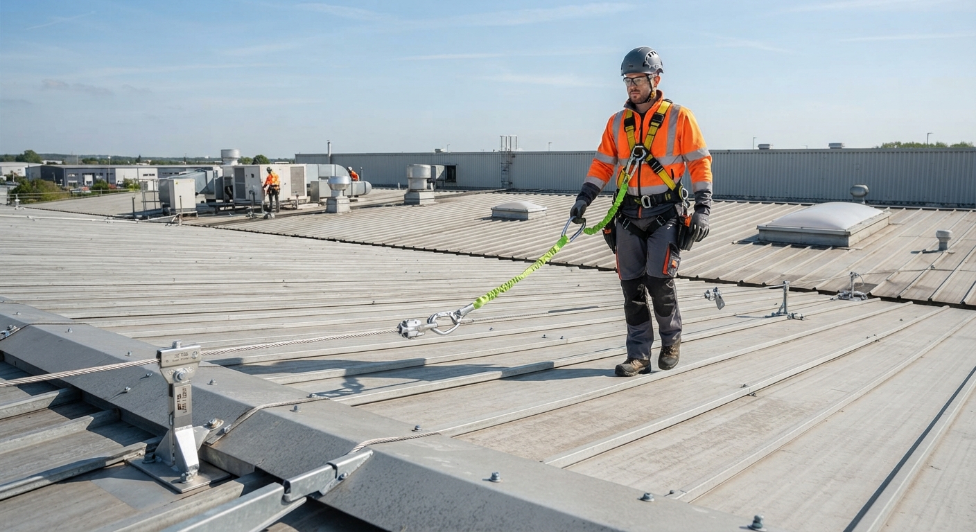 Un trabajador usando una línea de vida horizontal - Blog sekureco